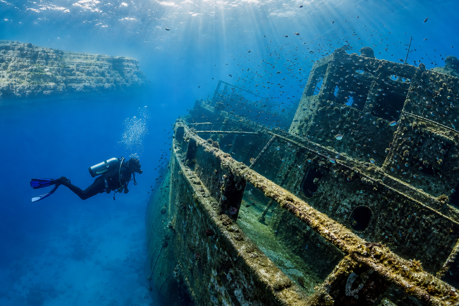 Diver exploring a wreck — Malta Mediterranean wreck diving