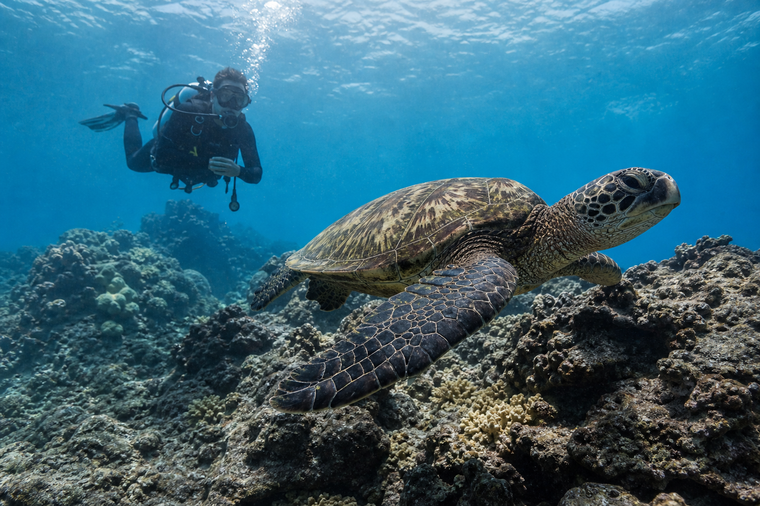 Scuba diver in clear Hawaii waters