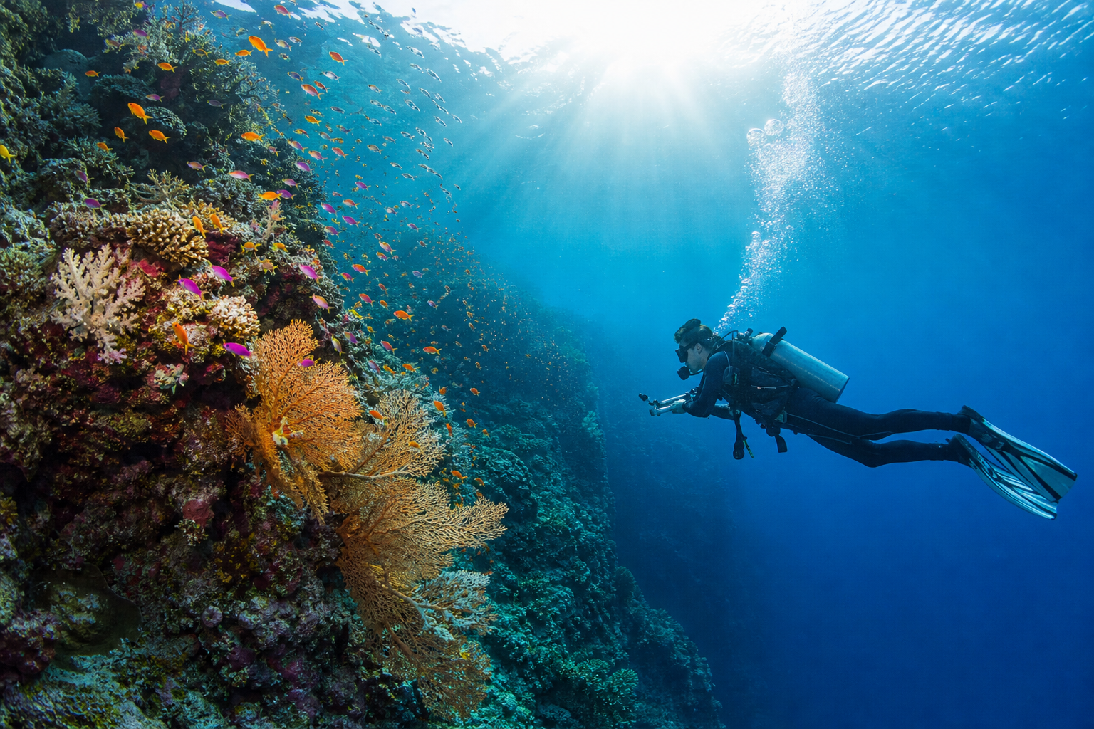 Scuba diving in Palau with coral walls and tropical fish