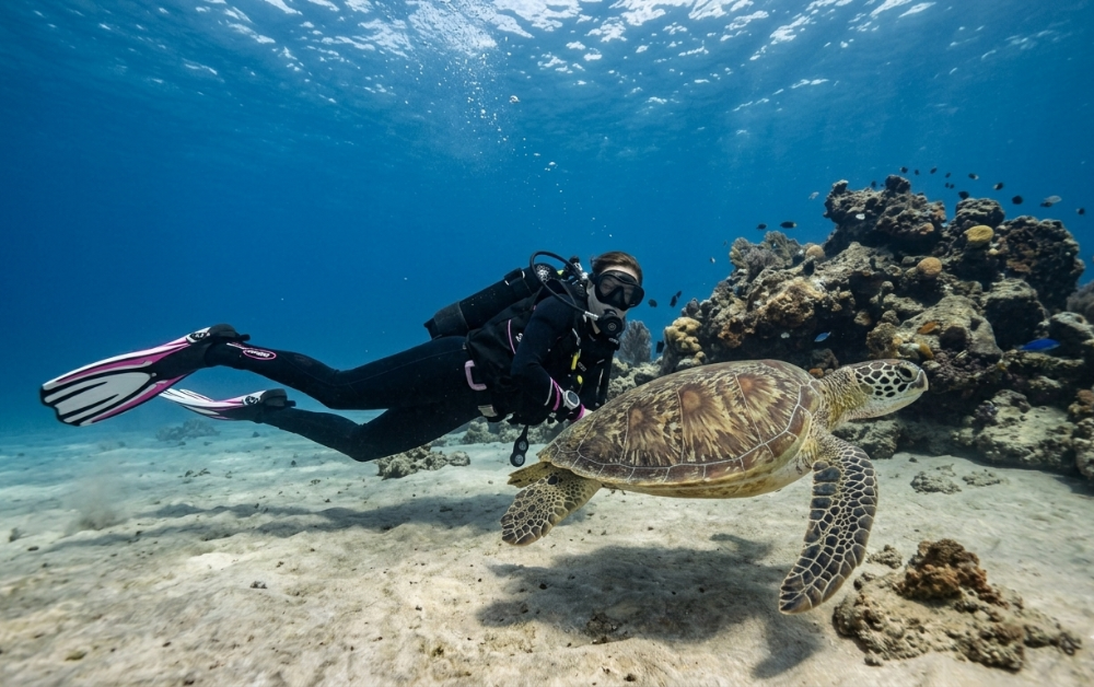 Sea turtle scuba diving in Tenerife El Puertito